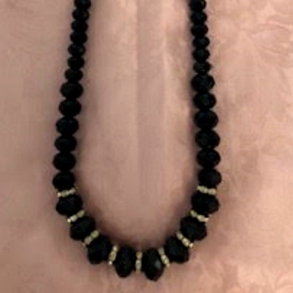 Ladies Black Onyx and Rhinestone Beaded Necklace
